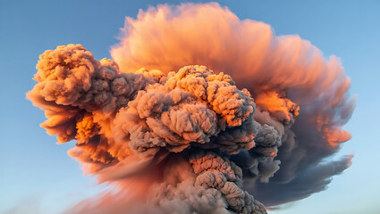 Massive volcanic eruption with fiery orange ash plume against a clear blue sky