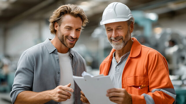 Worker in safety gear consult and smile. They appear friendly, professional and are confident in their ability