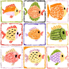 Seamless cartoon pastel pattern. Colorful tropical fish in square tiles. Naive marine theme. Hand-drawn with oil pastel texture.