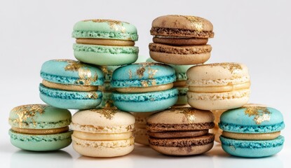 Stacked macarons in pastel colors, topped with gold leaf