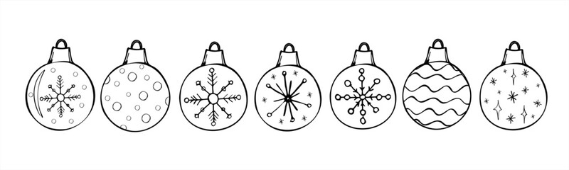 Christmas tree decorations with various patterns monochrome vector set. Balls with snowflakes clip art in black and white style. Xmas baubles collection ink doodles for holiday decor, festive card