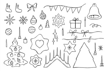 Obraz premium Monochrome vector doodle set of Christmas elements painted by black inks. Baubles, stars, socks, wooden tree, garland, gifts for Scandinavian Xmas greeting card, holiday home decor, festive packaging