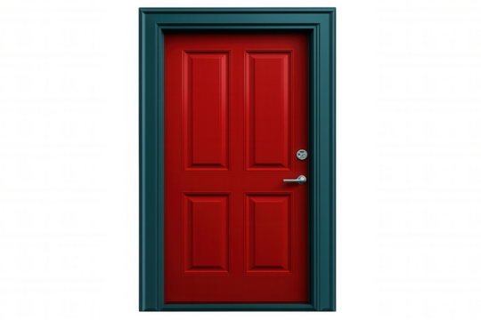 Red door closed, teal frame and hardware, transparent backdrop highlighting architectural details for design professionals