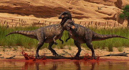 Fototapeta premium Two Allosaurus dinosaurs fighting near the water with blood splashing in a prehistoric landscape with flying reptiles