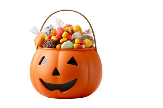 Pumpkin bucket full of Halloween candy