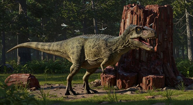 A large Allosaurus dinosaur standing near a tree stump in a forest with small insects flying around it in daytime