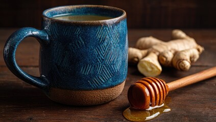 A mug of herbal tea, a ginger root, and a honey dipper on a wooden table.  The mug is a dark teal blue with a light beige rim and a patterned design.  A piece of ginger root sits beside the mug.