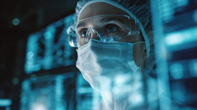 Female medical scientist wearing protective glasses, mask and cap, analyzing data on a futuristic holographic interface in a high tech laboratory