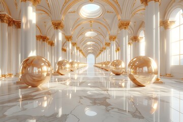 Luxurious hall featuring polished golden sphere decor high resolution picture