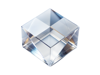 Closeup of a clear glass cube, a transparent geometric shape with modern design, isolated on transparent background, showcasing its abstract reflections