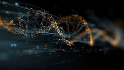 Abstract DNA helix, data streams, glowing particles