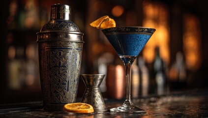 A vibrant blue cocktail, garnished with orange slice, sits beside a vintage cocktail shaker and jigger on a bar