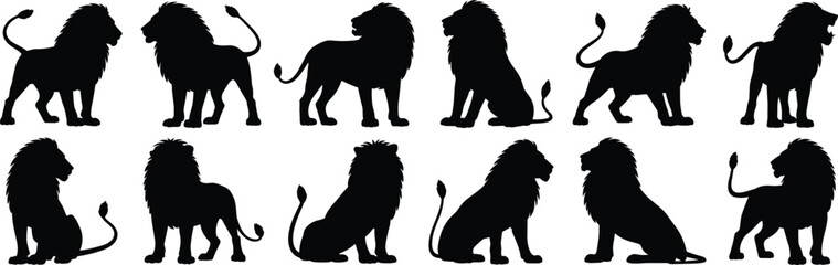 Lion silhouette vector set, wild animal poses collection, majestic African lion shapes, standing sitting lying down, wildlife illustration for design