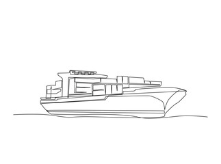 Container cargo ship outline drawing illustration. Continuous line art drawing of cargo ship transportation. Editable stroke.