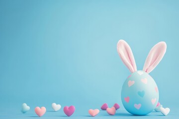 Obraz premium Easter egg with bunny ears and colorful hearts on blue background, festive holiday banner design for Easter celebration concept