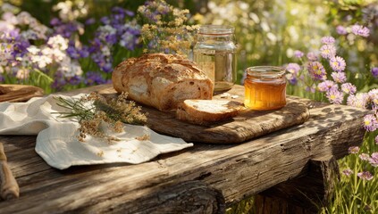 Rustic loaf of bread, sliced, on a wooden table amidst wildflowers. Honey and clear liquid in jars