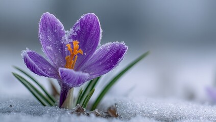 A vibrant purple crocus flower, dusted with frost, emerges from a snowy ground. Soft focus background