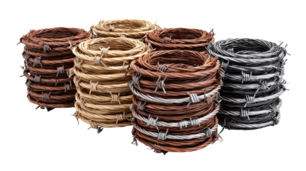 Barbed Wire Rolls: A striking collection of coiled barbed wire rolls, showcasing a spectrum of textures and tones, symbolizing security, boundaries, and potential hazards. 