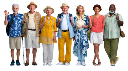 Fototapeta premium Golden Years of Adventure: A vibrant assembly of senior travelers, each beaming with joy, is poised for an unforgettable journey.