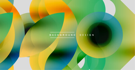 Abstract colorful layers create dynamic visual effect. Overlapping circles, gradients, modern design elements present.