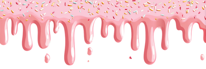 Sweet pink icing with sprinkles dripping isolated on transparent background, vector design
