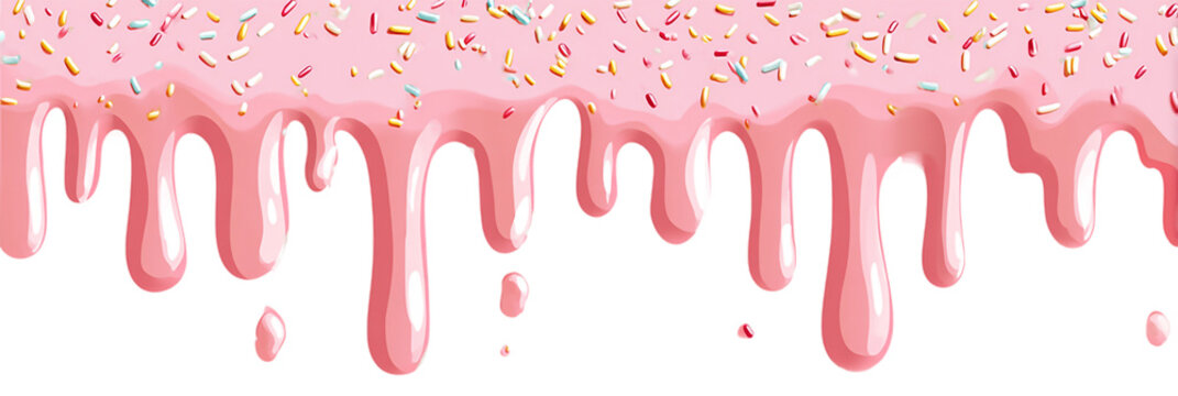 Sweet pink icing with sprinkles dripping isolated on transparent background, vector design
