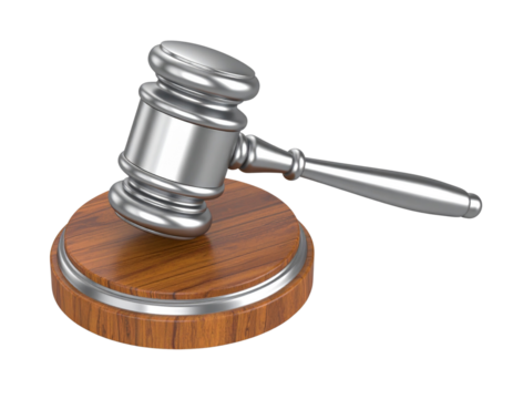 Elegant 3D Silver Gavel and Wooden Sound Block Isolated on Transparent Background PNG