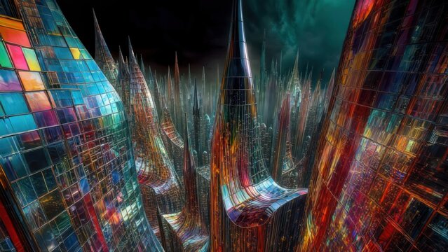 Colorful, futuristic city, glass spires