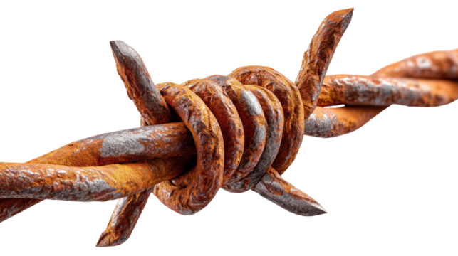 Rusty Barbed Wire: A close-up view of weathered and rusted barbed wire, its sharp points glinting in the light, evoking feelings of constraint and restriction.