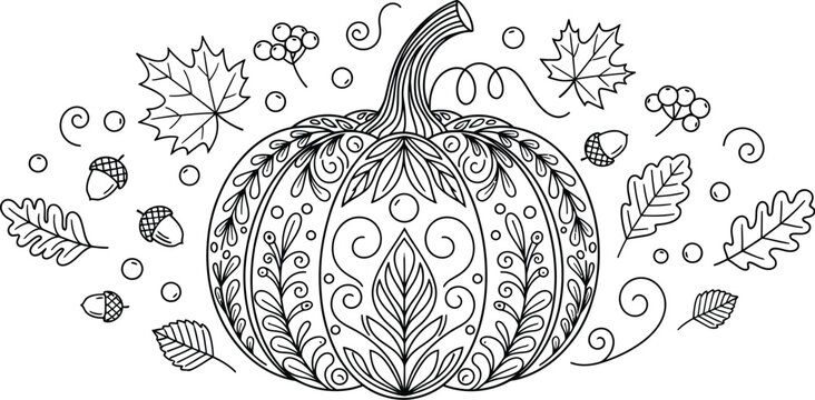 Ornate pumpkin with autumn leaves and acorns isolated on white background