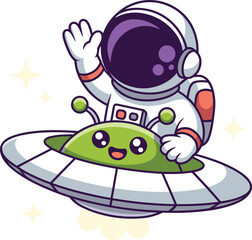 Cartoon astronaut, white spacesuit, purple visor, waving hand, green alien, smiling face, flying saucer, space scene, cute character, vector illustration