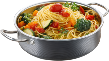 Spaghetti and vegetables preparation in a pan isolated on a white background