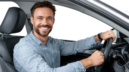 Man Behind the Wheel: Confident man with a radiant smile commands the driver's seat, gripping the steering wheel with assurance, ready to embark on the open road and the adventures it holds.