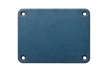 Empty blue metallic label with rounded corners and four holes, isolated on transparent background, providing ample copy space