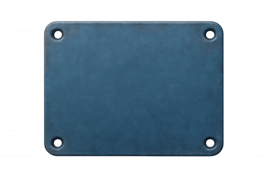 Empty blue metallic label with rounded corners and four holes, isolated on transparent background, providing ample copy space