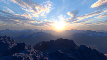 A majestic mountain range at sunset with the sun casting a warm golden glow over the peaks