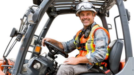 Forklift Operator in Action: A skilled construction worker confidently operates a forklift, embodying expertise and precision in a professional setting.