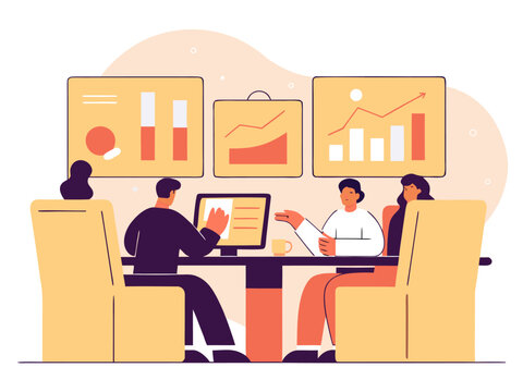 Corporate meeting in boardroom with business people analyzing financial trends