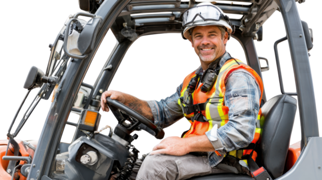 Forklift Operator in Action: A skilled construction worker confidently operates a forklift, embodying expertise and precision in a professional setting.