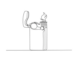 Lighter outline illustration. Continuous line art drawing of  lighter with a burning flame. Editable stroke.