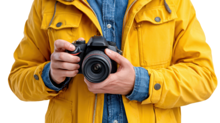 Photographer with Camera: A person dressed in a vibrant yellow jacket, holding a sleek camera, poised to capture the world through a lens, exuding a sense of anticipation and readiness.