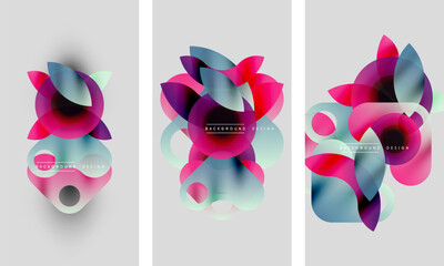 Abstract floral designs. Overlapping shapes create vibrant color gradients. Modern backgrounds for digital projects.