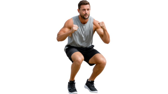 Dynamic Fitness: A focused individual demonstrating a powerful squat, embodying the spirit of exercise and physical strength, shot against a clean backdrop.