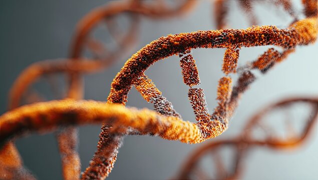 Close-up of a 3D model of DNA.  The double helix is a rusty orange color, with textured, granular detail.  It's set against a muted gray background