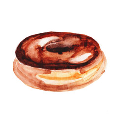 A freshly baked chocolate donut displays its glossy finish and rich color, inviting indulgence. The warm tones of the surface enhance its appealing look, making it irresistible.