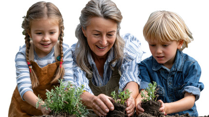 Nurturing Blooms: A moment of intergenerational connection unfolds as a woman and two children tend to young plants in the garden.