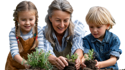 Nurturing Blooms: A moment of intergenerational connection unfolds as a woman and two children tend to young plants in the garden.