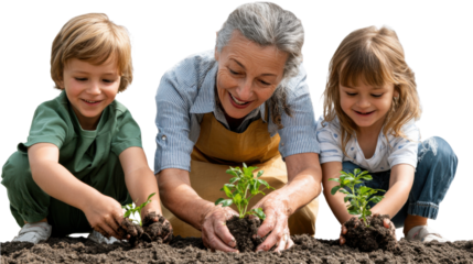 Growing Together: A tender moment of an older woman and two young children working together in a garden, planting new life and learning about the wonders of nature.
