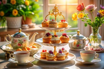 Elegant Afternoon Tea: Crown Scones & Floral Teacups in Sunlit Room