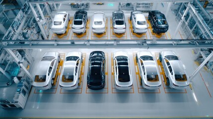 An overhead view capturing multiple auto panels arranged neatly on a curing rack allowing for a look at the various stages of production in a composite manufacturing facility.
